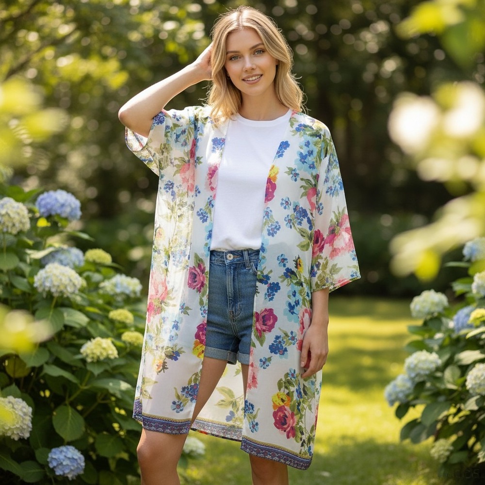 Ava & Grace Floral Kimono Cardigan White Multi Sheer Chiffon Size M /#26756